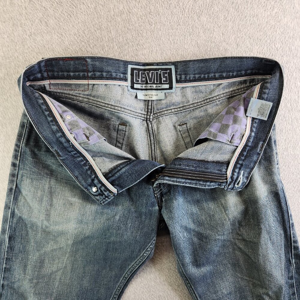 Levis Jeans Mens 36x34 Dark Wash 514 Slim Straight Vintage Y2K Black Patch